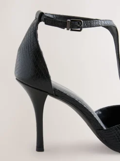 Black Lizard Effect Leather T-Bar Pointed Toe Heels