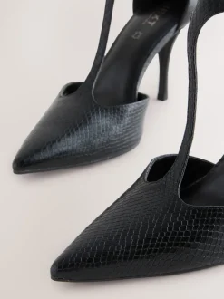 Black Lizard Effect Leather T-Bar Pointed Toe Heels