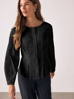 Black Long Sleeve Boatneck Textured Button-Front Blouse