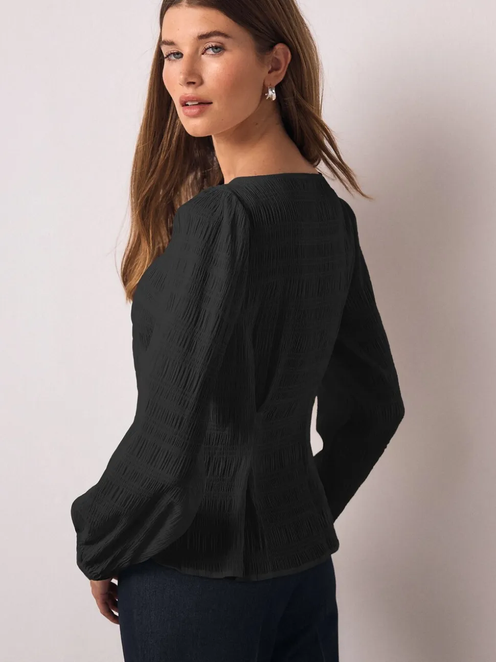 Black Long Sleeve Boatneck Textured Button-Front Blouse