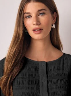 Black Long Sleeve Boatneck Textured Button-Front Blouse