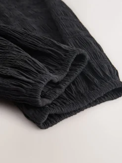 Black Long Sleeve Boatneck Textured Button-Front Blouse