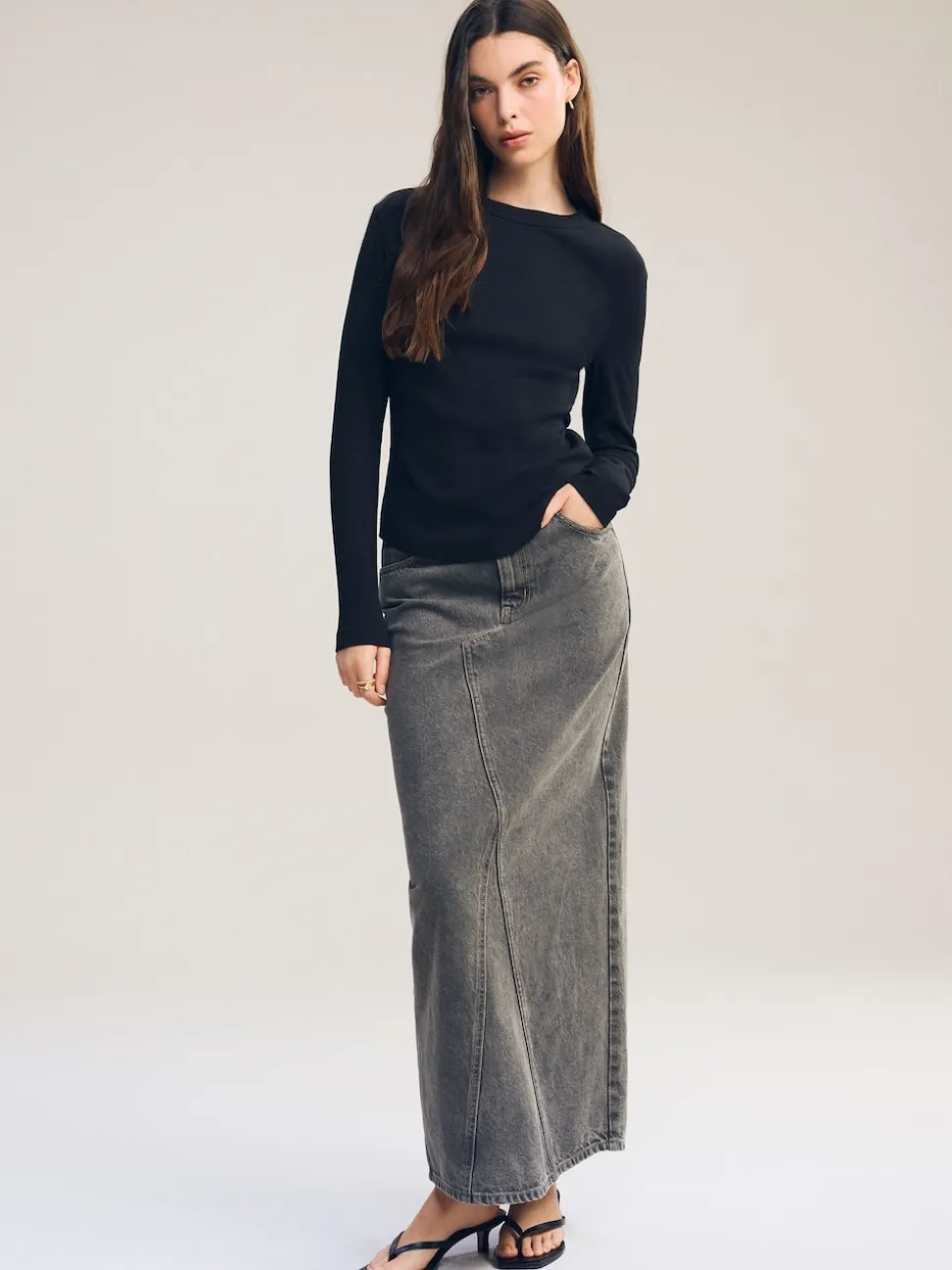 Black Long Sleeve Ribbed Crew Neck Top