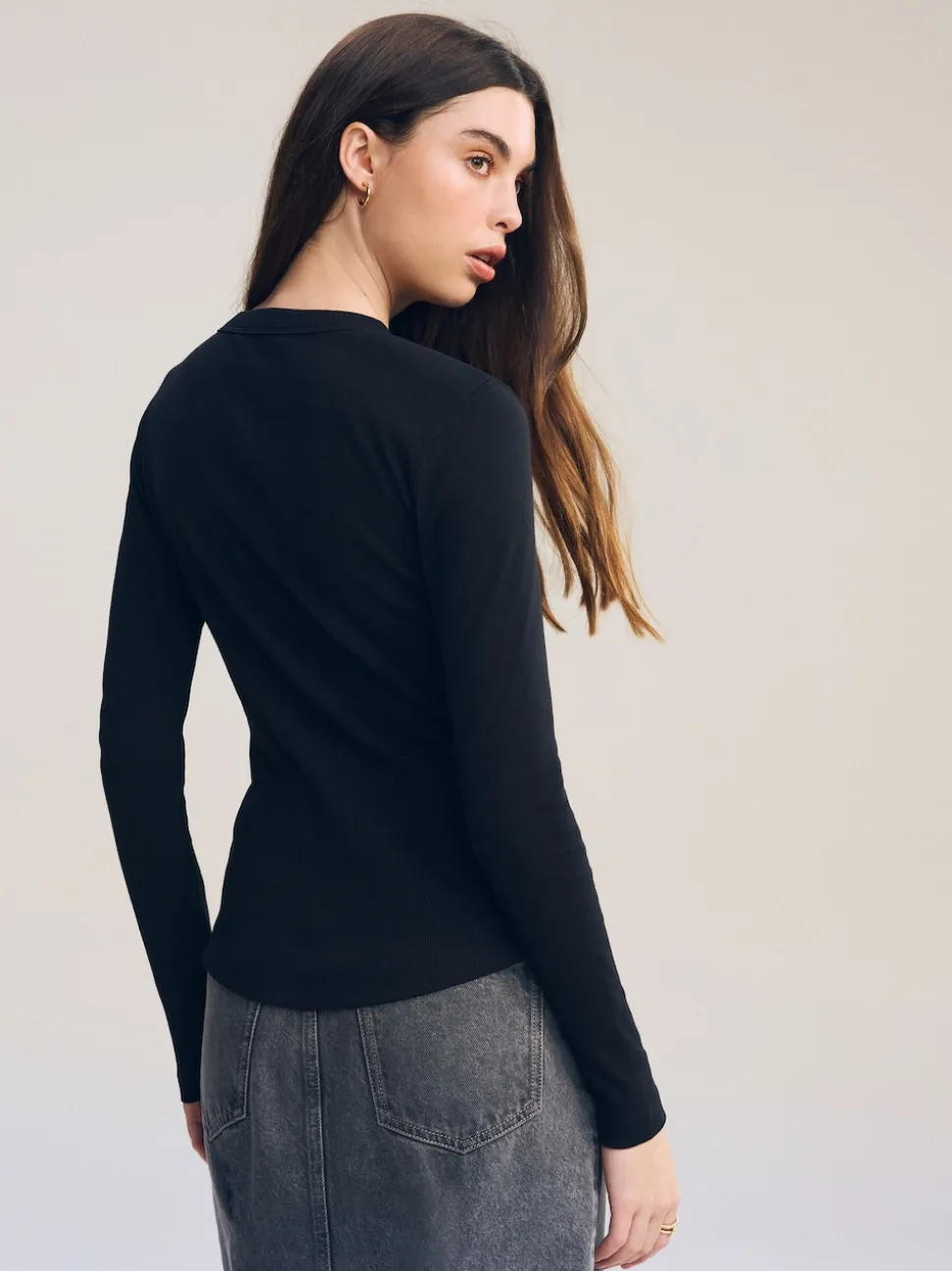 Black Long Sleeve Ribbed Crew Neck Top