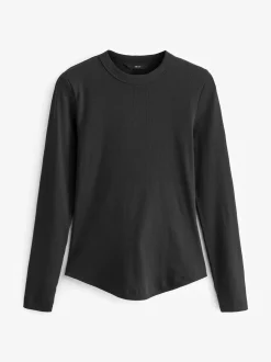 Black Long Sleeve Ribbed Crew Neck Top