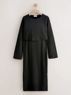 Black Maternity Long Sleeve Nursing Shelf Dress