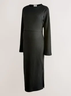 Black Maternity Long Sleeve Nursing Shelf Dress
