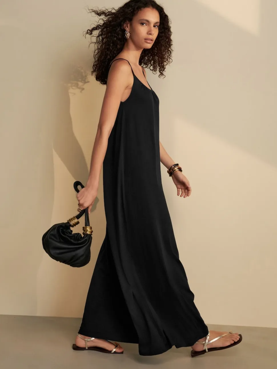 Black Maxi Length Trapeze Shape Ruched Neckline Thin Vest Strap Dress