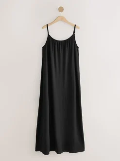 Black Maxi Length Trapeze Shape Ruched Neckline Thin Vest Strap Dress