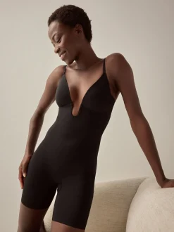 Black Medium Tummy Control Shaping Plunge Thigh Smoothing Bodysuit
