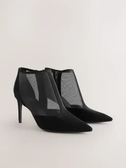 Black Mesh Detail Pointed Toe T-Bar Ankle Boots