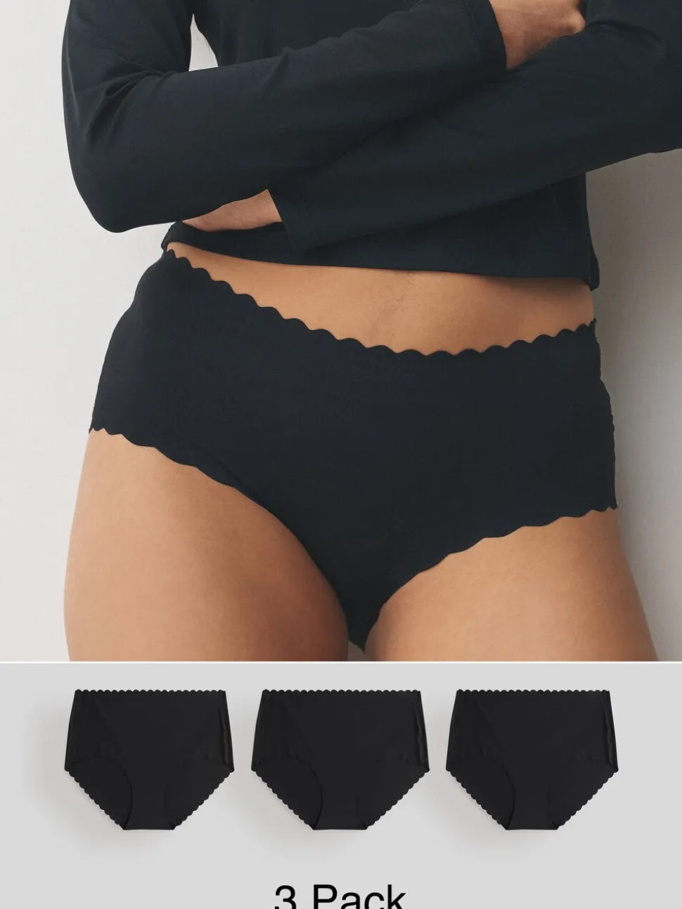 Black Midi No VPL Scallop Knickers 3 Pack