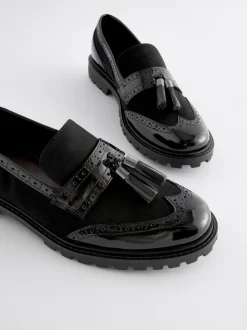 Black Mix Standard/Wide Fit Tassel Detail Cleated Chunky Loafer Shoes
