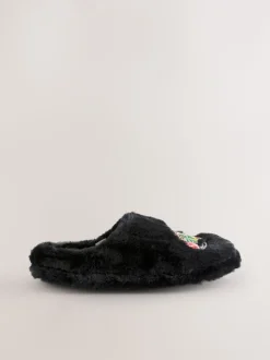 Black Mule Faux Fur Lepord Slippers