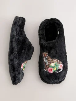 Black Mule Faux Fur Lepord Slippers