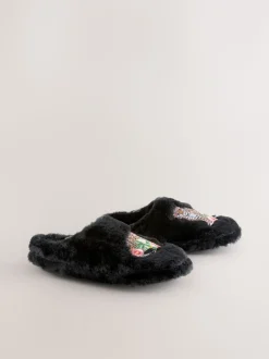 Black Mule Faux Fur Lepord Slippers