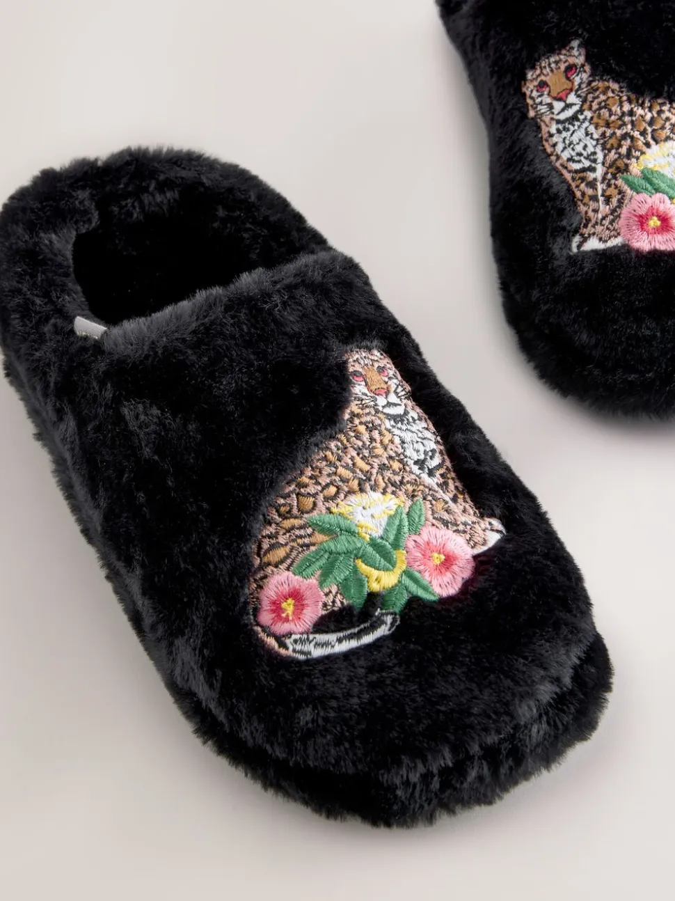 Black Mule Faux Fur Lepord Slippers
