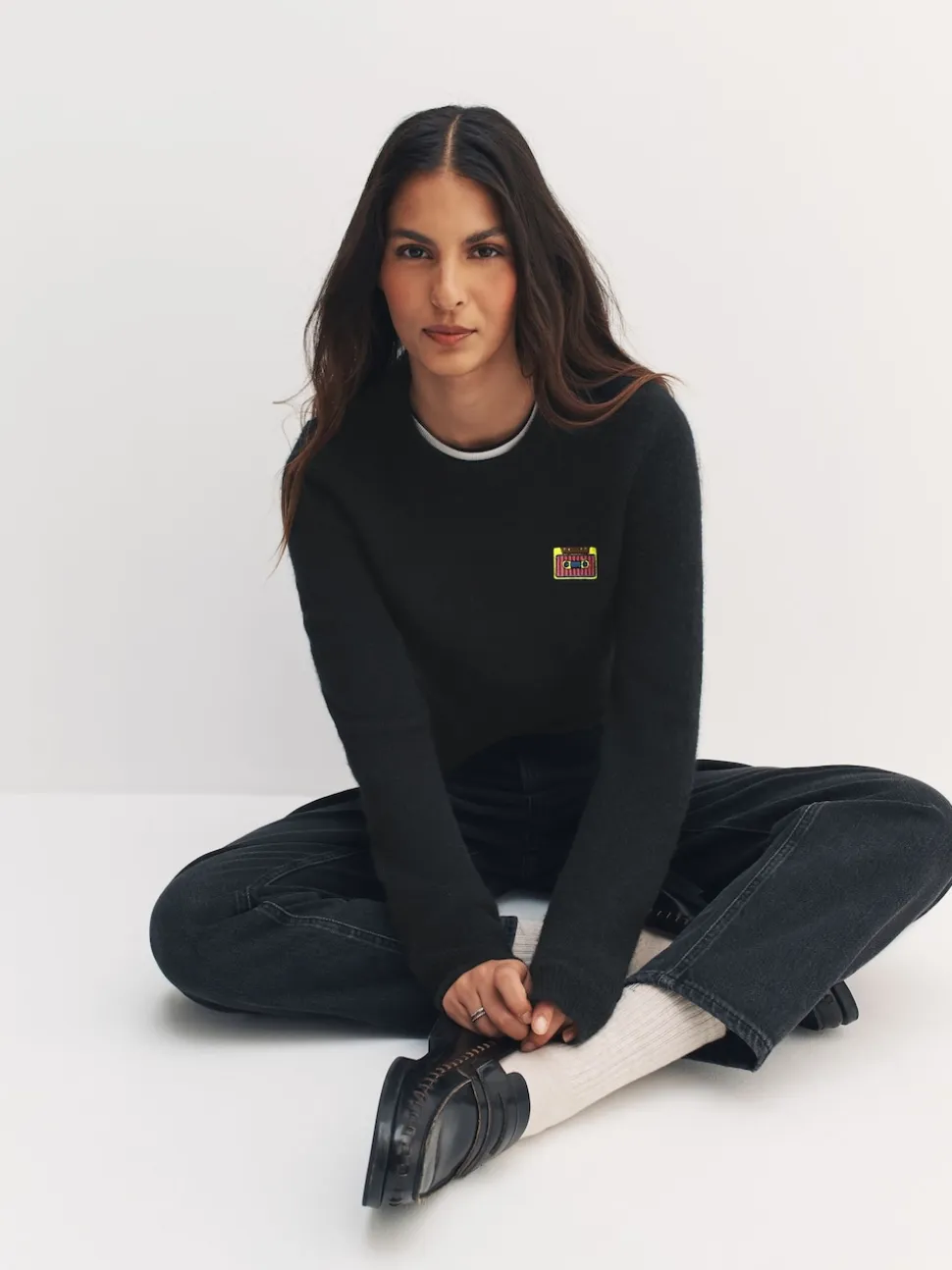Black Music Cassette Long Sleeve Crew Neck Jumper With Wool