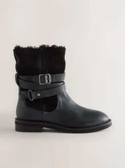 Black Oiled Leather Forever Comfort® Borg Lined Buckle Trim Ankle Boots