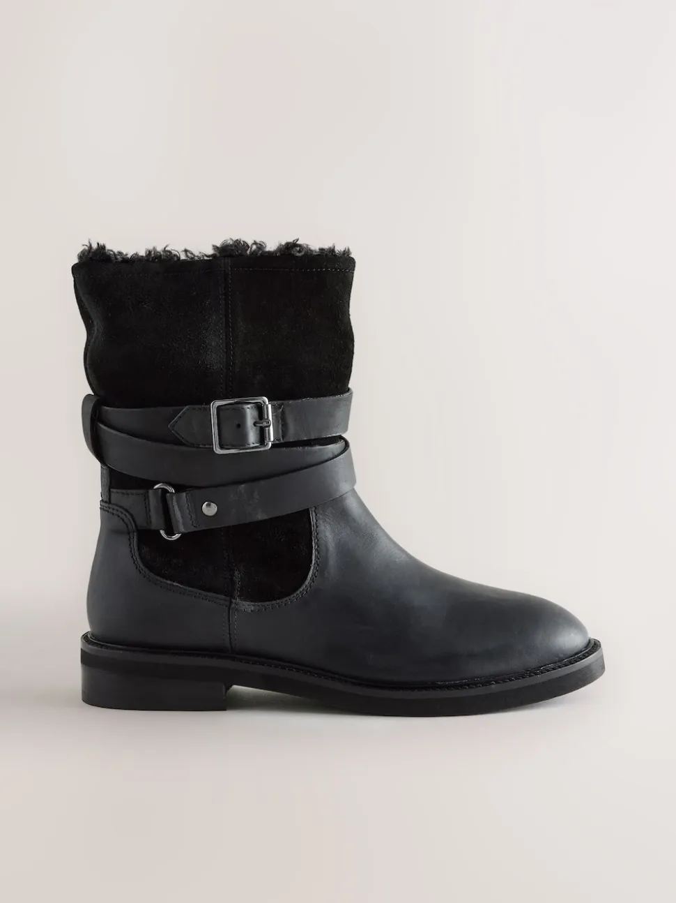 Black Oiled Leather Forever Comfort® Borg Lined Buckle Trim Ankle Boots