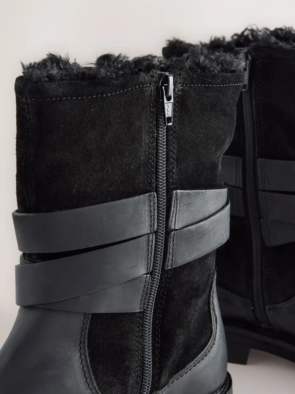 Black Oiled Leather Forever Comfort® Borg Lined Buckle Trim Ankle Boots