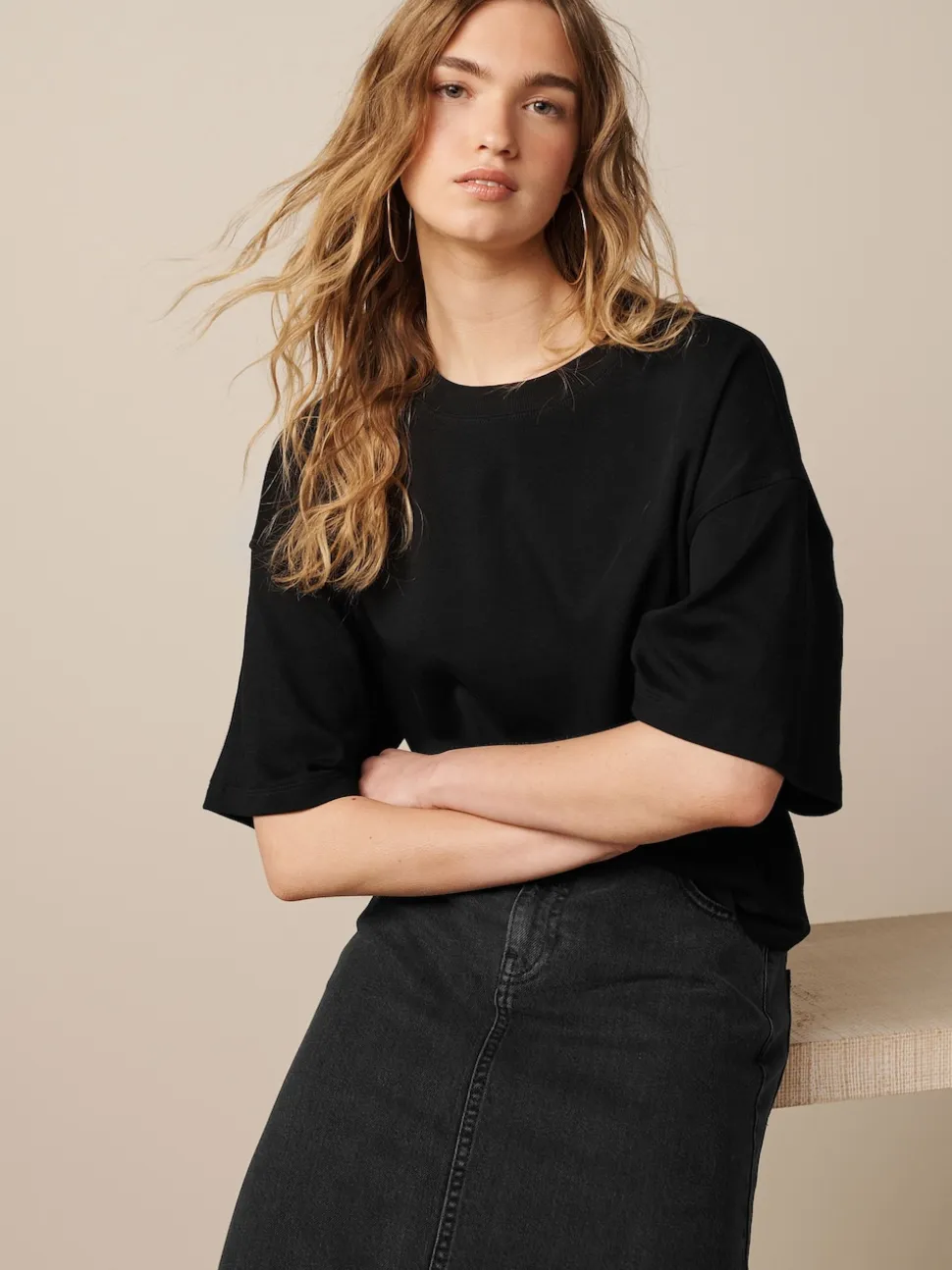 Black Oversized Relaxed Fit Boxy Heavyweight Crew Neck T-Shirt