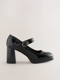 Black Patent Forever Comfort® Brogue Mary Jane Platform Block Heels