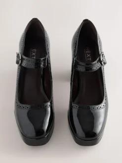 Black Patent Forever Comfort® Brogue Mary Jane Platform Block Heels