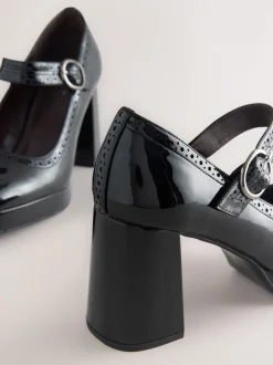 Black Patent Forever Comfort® Brogue Mary Jane Platform Block Heels
