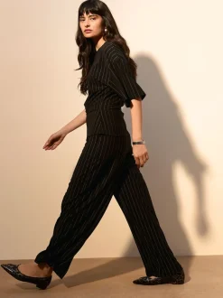 Black Pinstripe Waisted Wide Leg Trousers