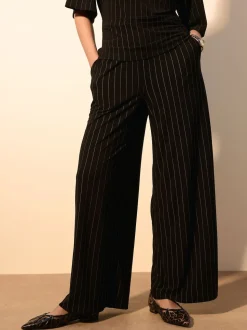 Black Pinstripe Waisted Wide Leg Trousers