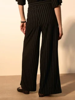 Black Pinstripe Waisted Wide Leg Trousers