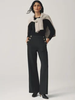 Black Ponte Wide Leg Trousers With Gold Button Detailing