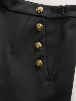 Black Ponte Wide Leg Trousers With Gold Button Detailing