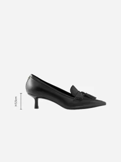 Black Premium Leather With Motionflex Point Toe Tassel Heels Loafers