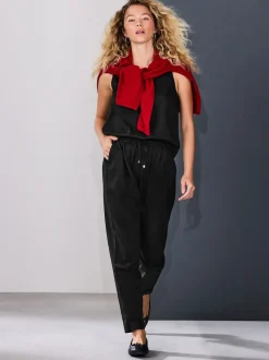 Black Pull On Tapered Trousers With Linen