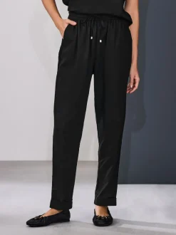 Black Pull On Tapered Trousers With Linen