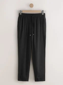 Black Pull On Tapered Trousers With Linen