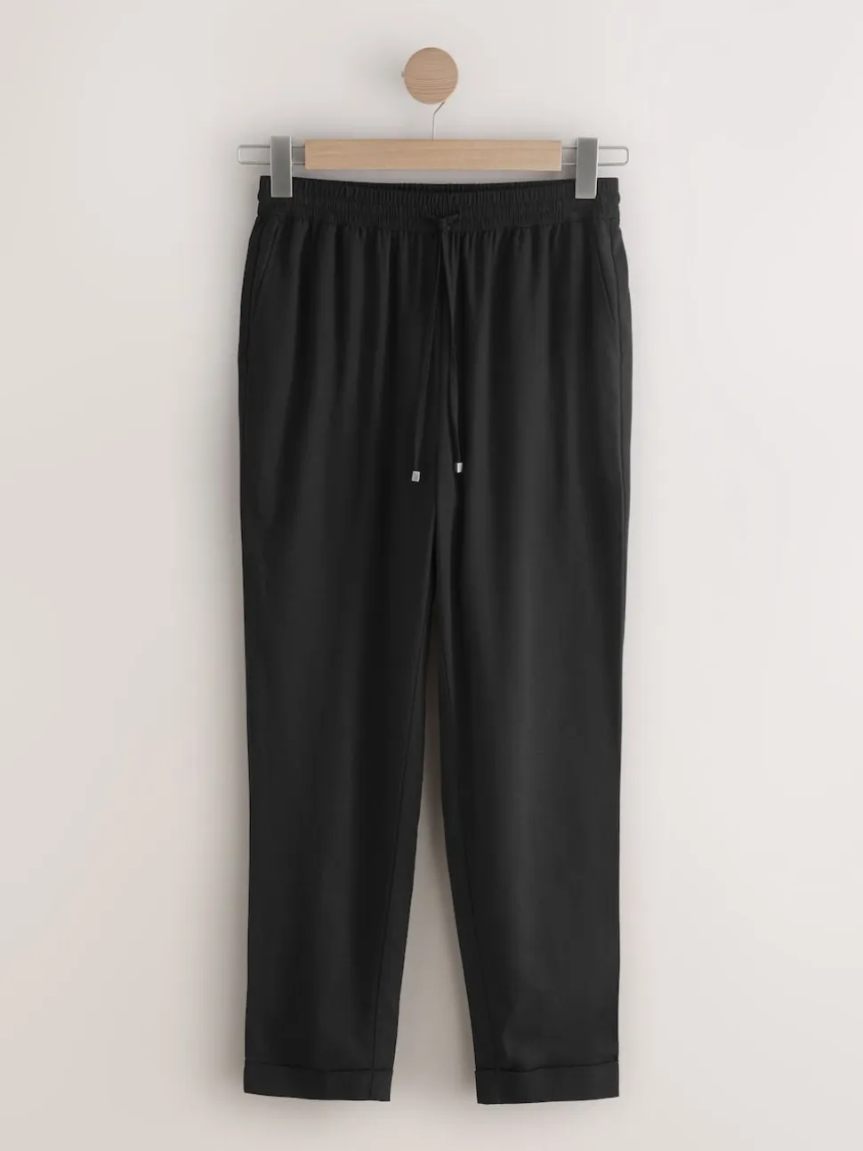 Black Pull On Tapered Trousers With Linen
