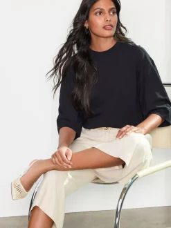 Black Relaxed Boxy Elbow Length Crew Neck T-Shirt