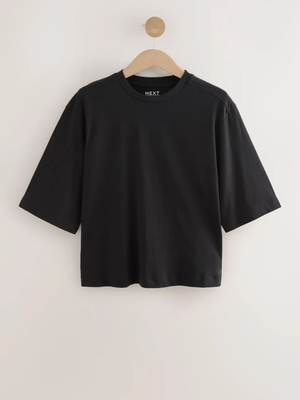 Black Relaxed Boxy Elbow Length Crew Neck T-Shirt