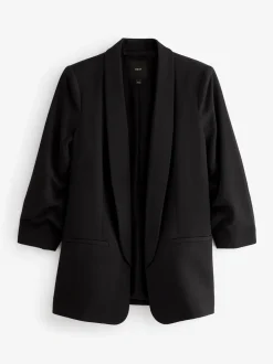 Black Relaxed Ruched Sleeve Blazer
