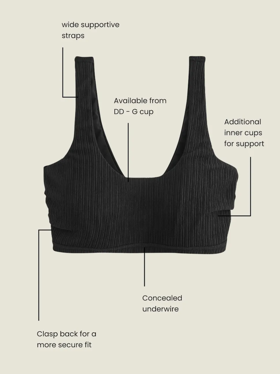 Black Rib DD+ Wired Crop Bikini Top