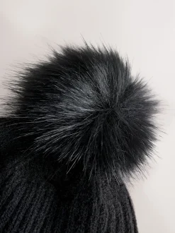 Black Rib Knit Pom Hat