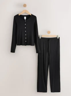 Black Ribbed Long Sleeve Pyjamas