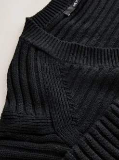 Black Ribbed V-Neck Knitted Jumper