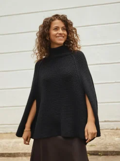 Black Roll Neck Ribbed Knitted Poncho