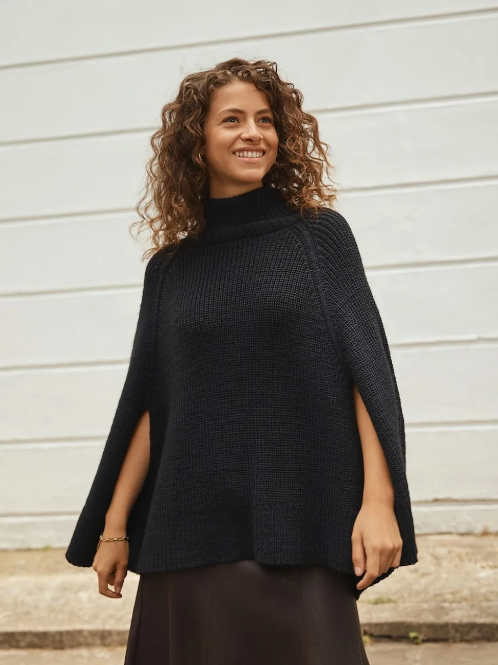 Black Roll Neck Ribbed Knitted Poncho