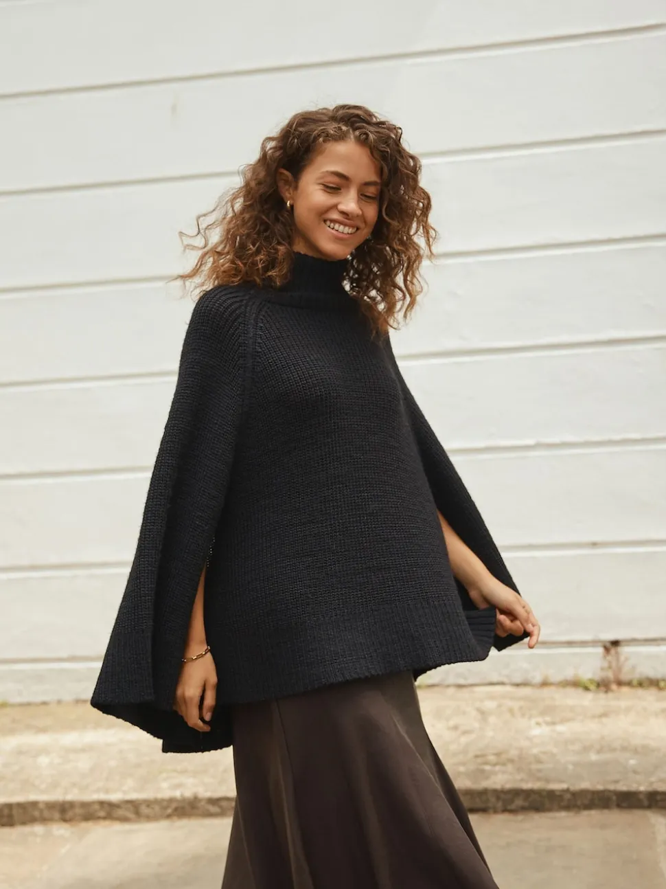 Black Roll Neck Ribbed Knitted Poncho