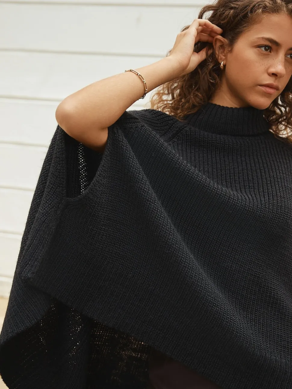 Black Roll Neck Ribbed Knitted Poncho